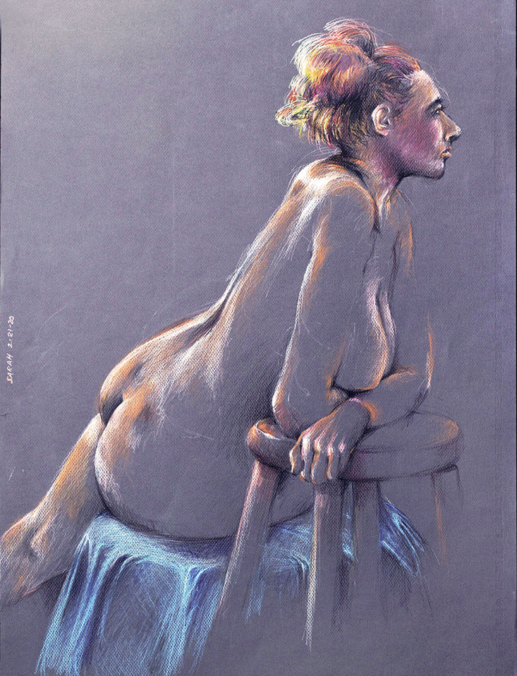 Sitting female nude figure, leaning, colored pencils on dark gray Canson paper 