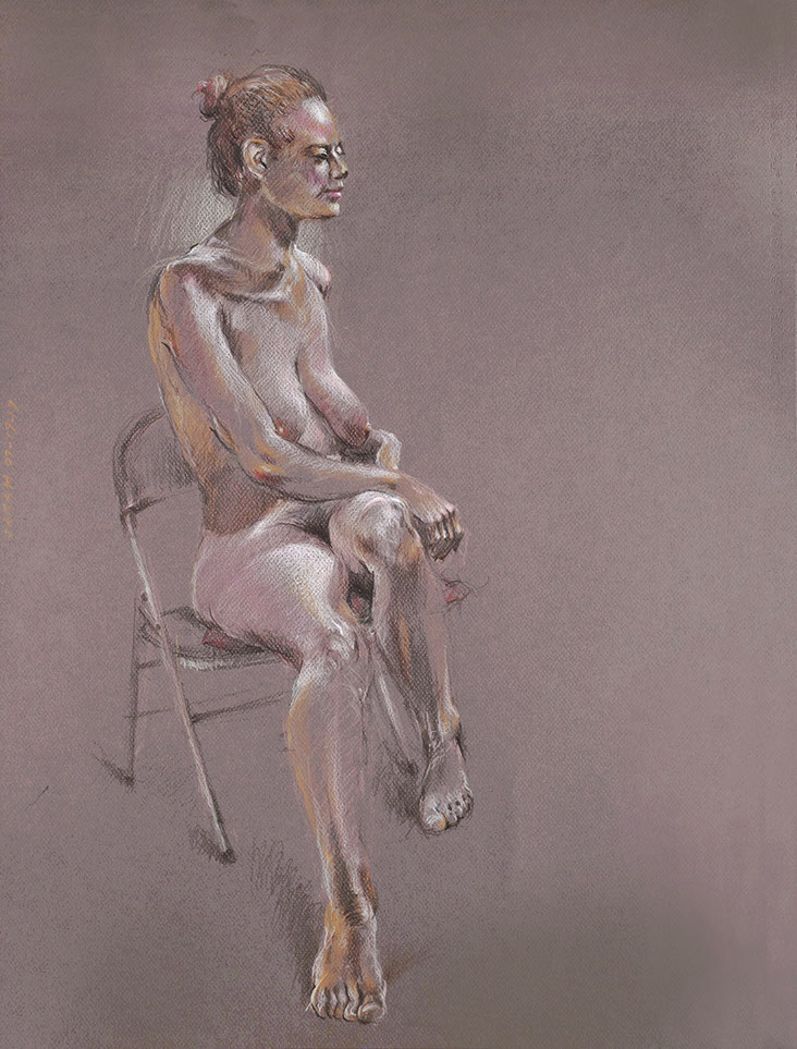 Sitting female nude figure, colored pencils on brown Canson paper 