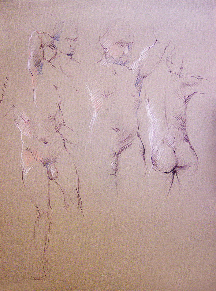 Standing nude male figures, quick sketches on brown pastel-finish paper, Derwent Studio Pencils