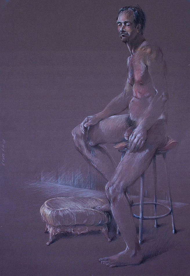 Seated muscular nude male figure: Scott, Derwent Studio pencils on Canford mocha, 20" X 32"