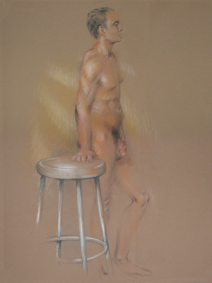 Male nude standing figure, colored pencils on brown Stonehenge paper