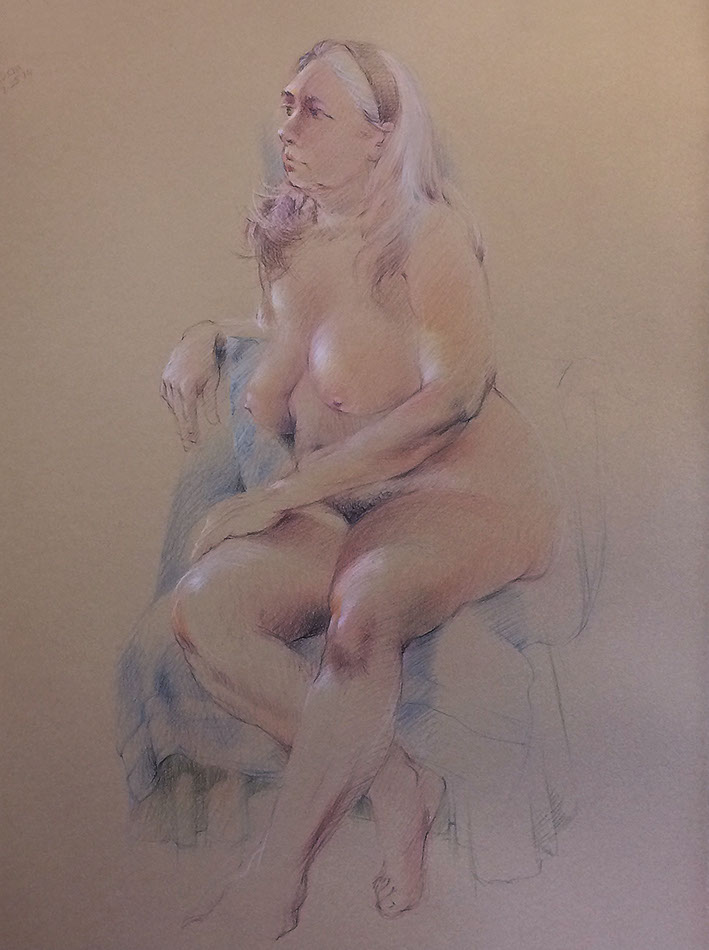 Crouching male nude figure on black Stonehenge paper, Derwent Studio Pencils
