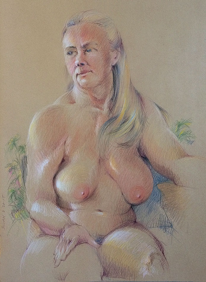 Junoesque sitting female nude figure on Kraft Stonehenge paper, Derwent Studio Pencils