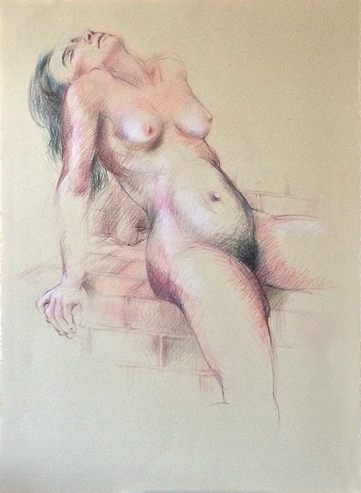 Sitting stocky male nude figure on Kraft Stonehenge paper, Derwent Studio Pencils